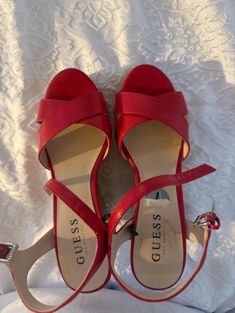 GUESS Red Cork Wedge Sandals with Ankle Strap - Picture 7 of 7